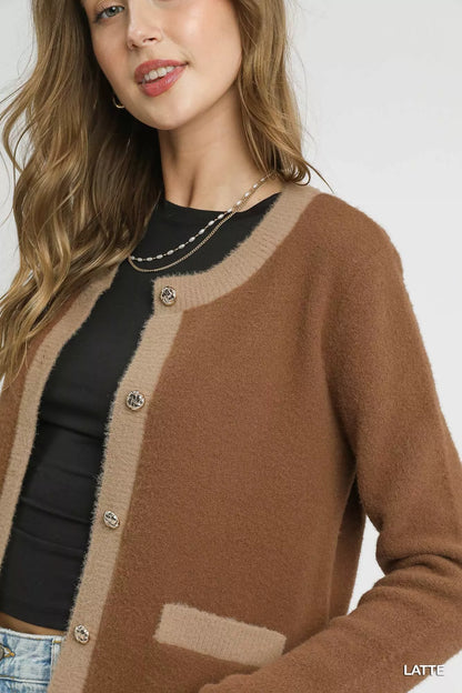 Light brown and cream two-tone Umgee button-front cardigan with long sleeves and a relaxed fit.