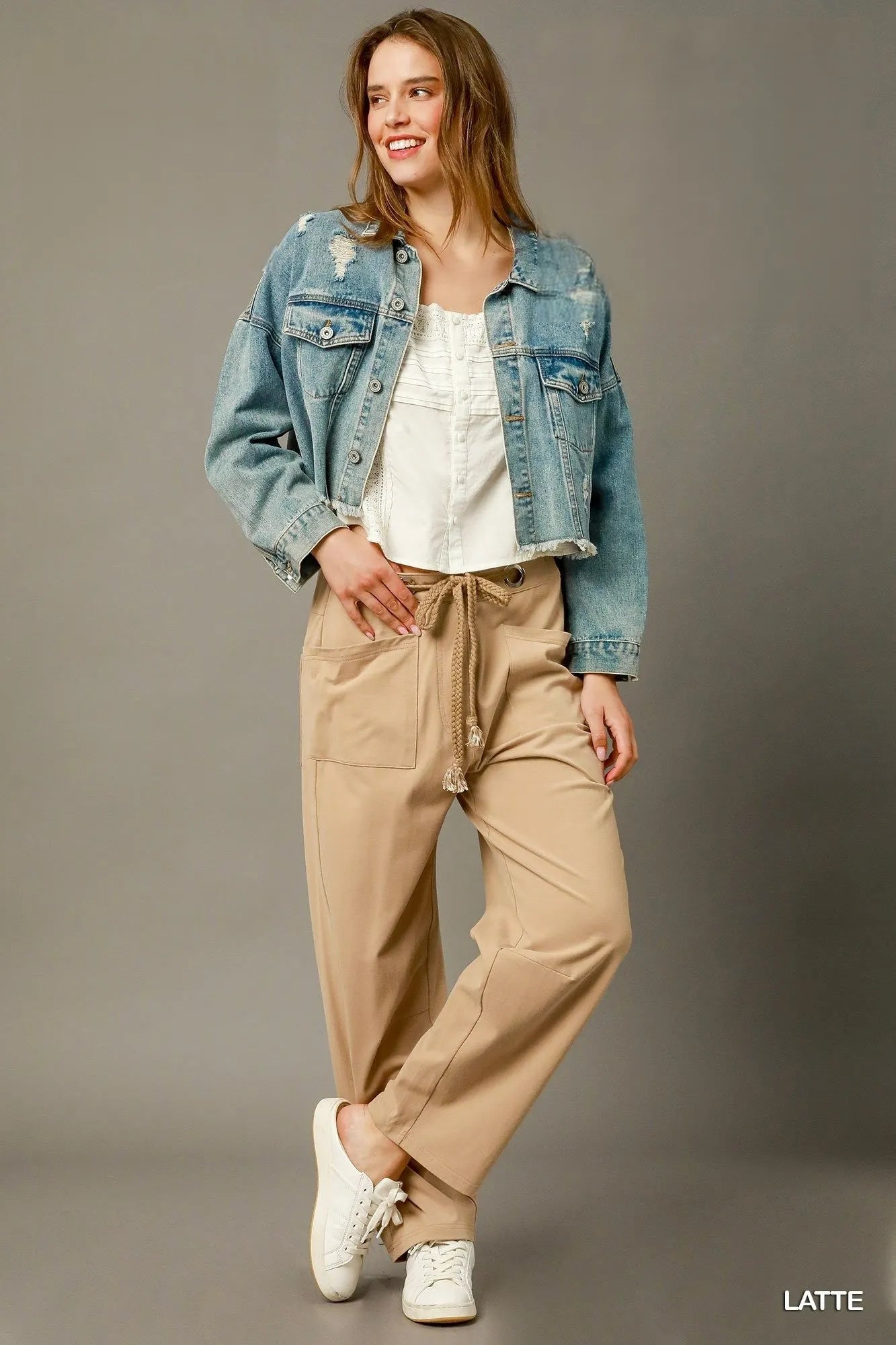 Light brown cargo-inspired drawstring pants from Umgee, styled with a relaxed fit and functional pockets.