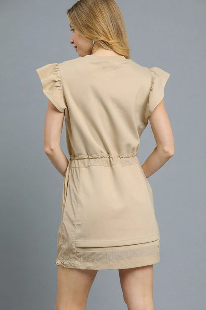 Light brown Umgee Luxe knit mini dress with ruffle sleeves and drawstring waist, featuring a stylish, casual design.