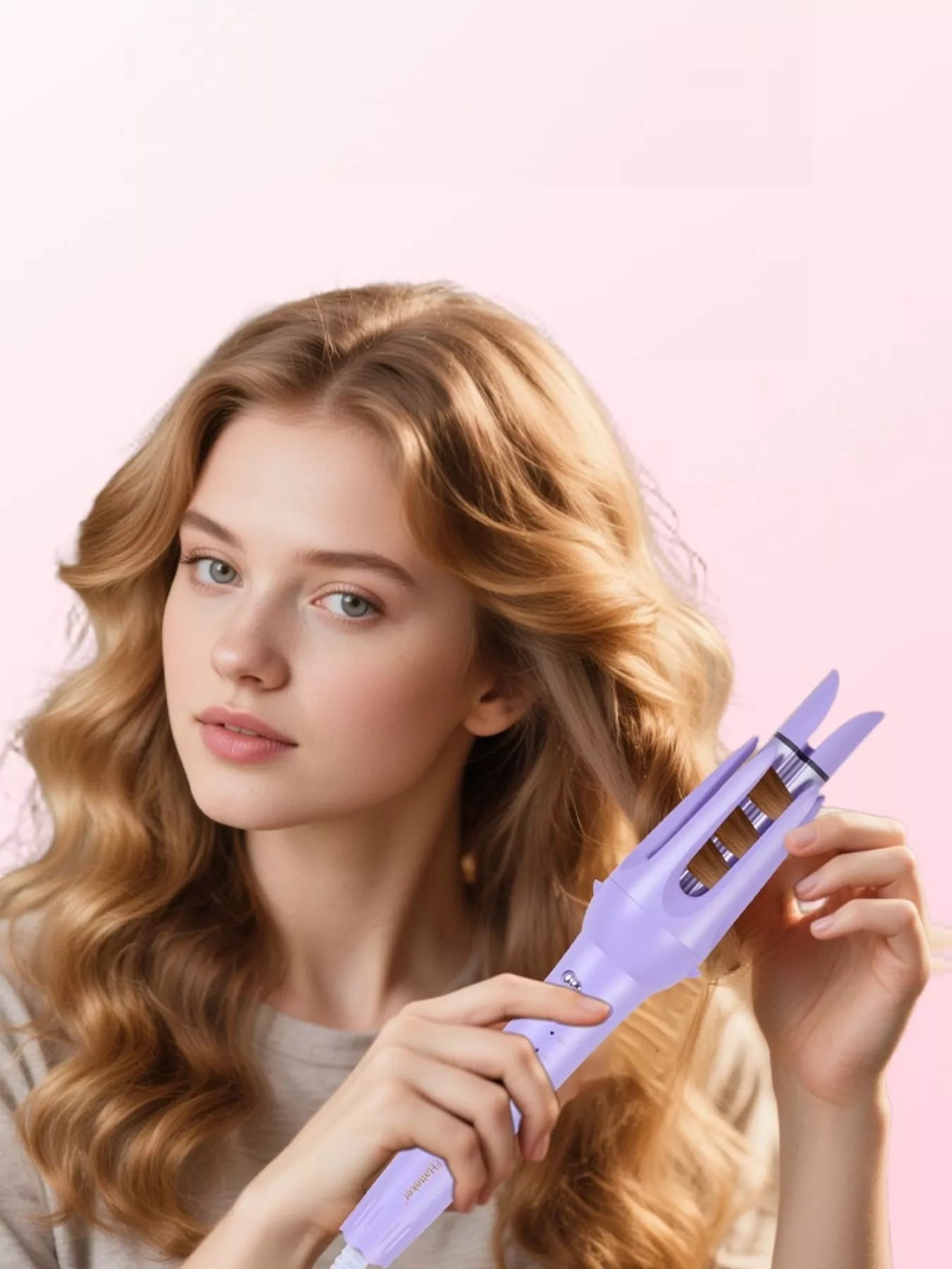 Lavender Trendsi 2-in-1 automatic rotating ceramic curling iron with European plug, designed for effortless, even curls.