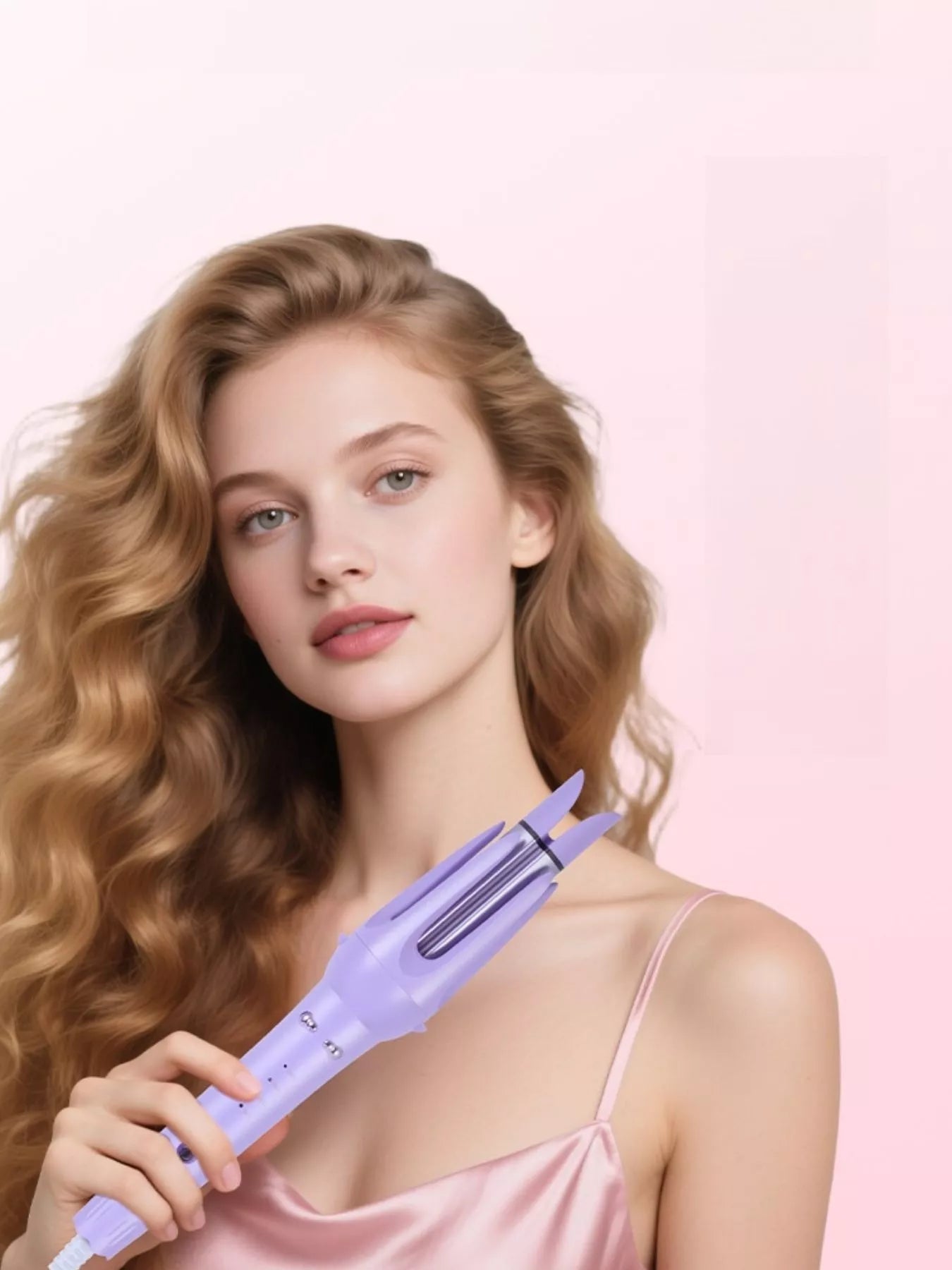 Lavender Trendsi 2-in-1 automatic rotating ceramic curling iron with European plug for quick, even curls and styling.