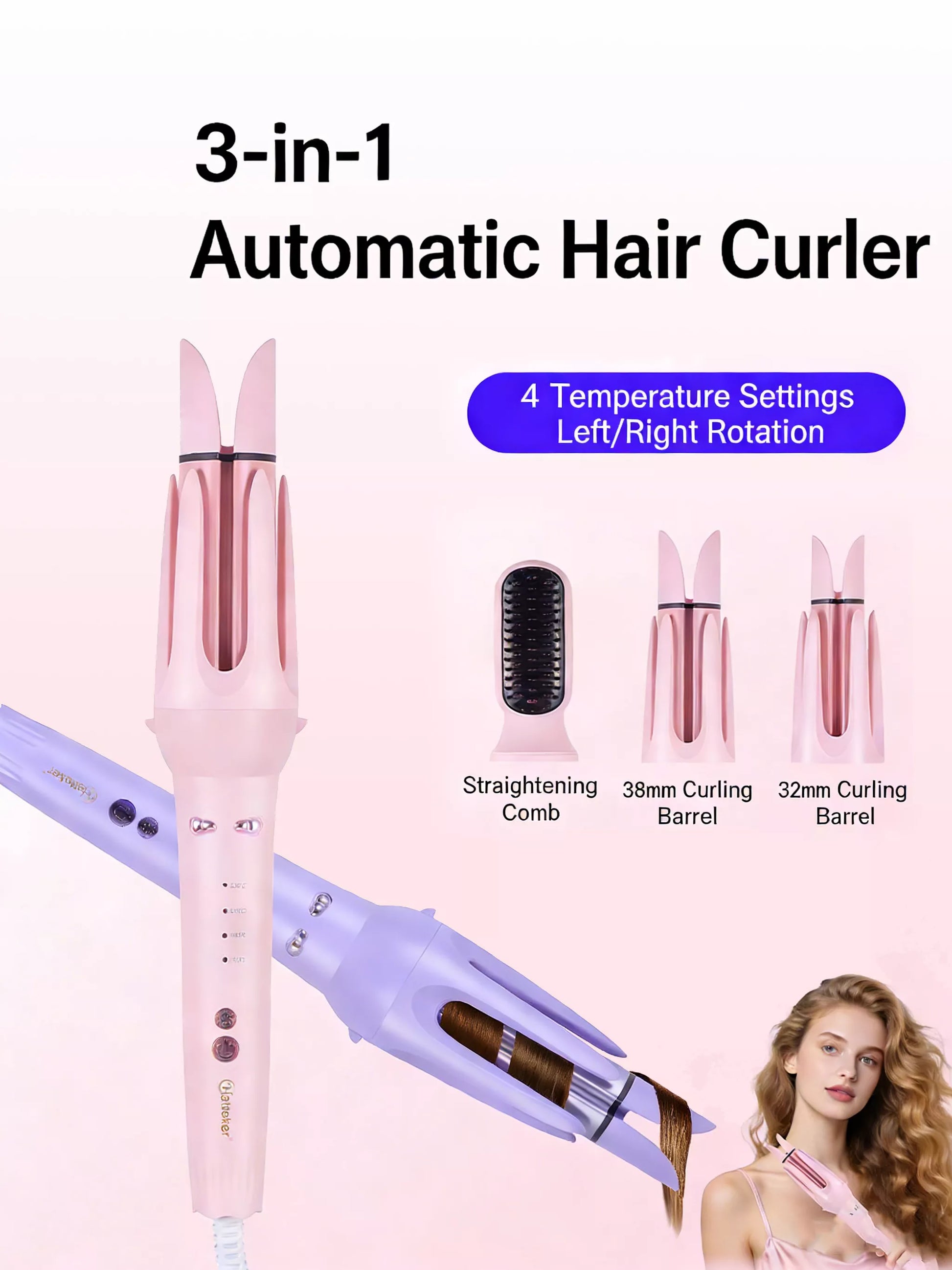Lavender Trendsi 2-in-1 automatic rotating ceramic curling iron with European plug, designed for easy, even curling.