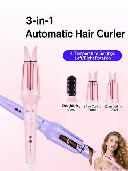 Lavender Trendsi 2-in-1 automatic rotating ceramic curling iron with European plug, designed for easy, even curling.