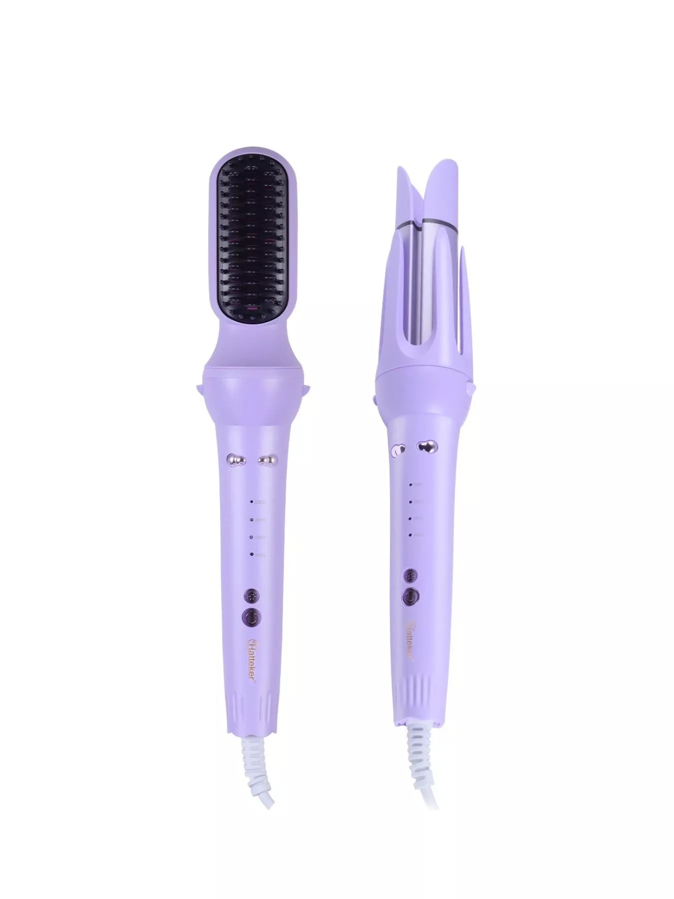 Lavender Trendi 2-in-1 automatic rotating ceramic curling iron with European plug, designed for easy, versatile hair curling.