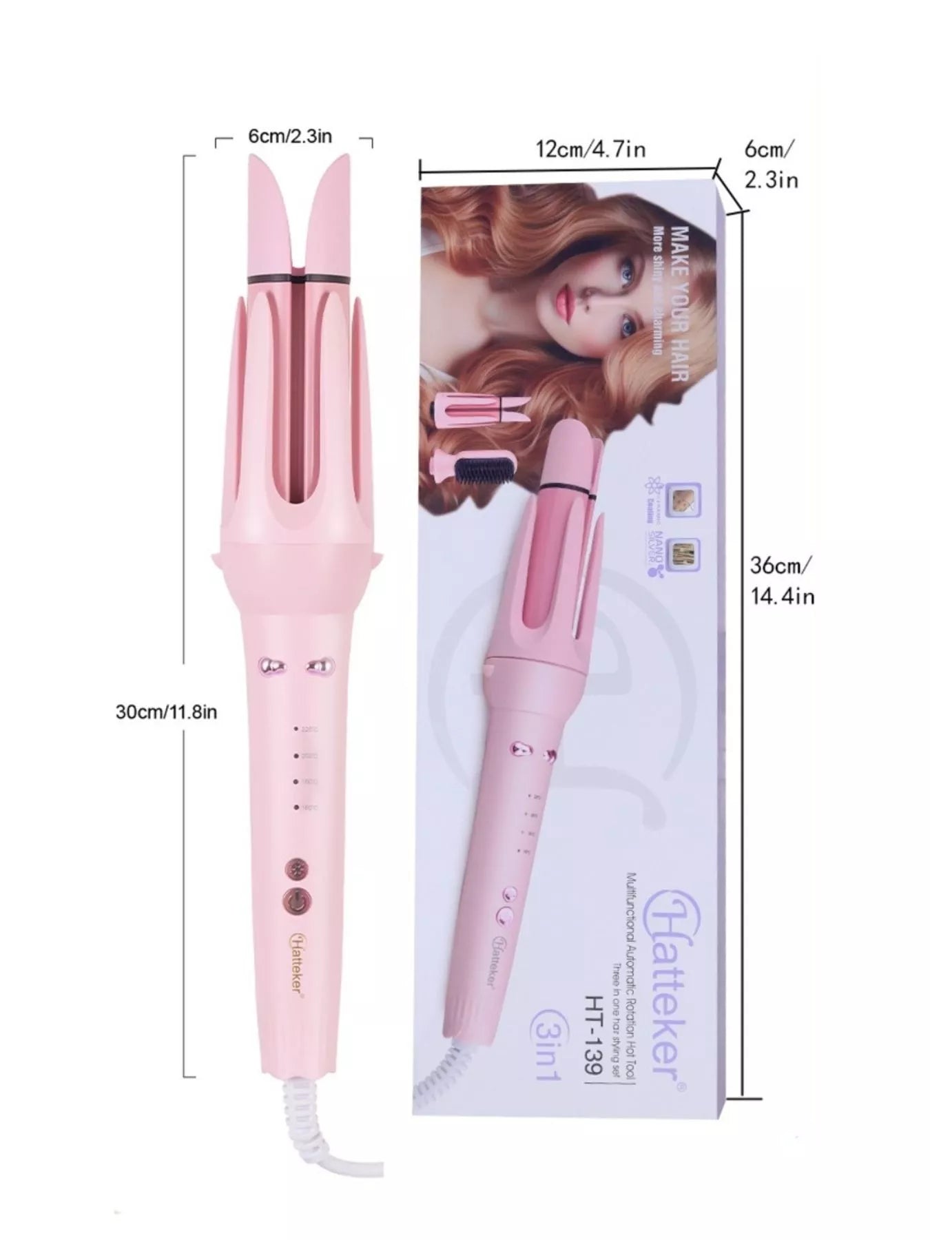 Lavender Trendsi 2-in-1 automatic rotating ceramic curling iron with European plug for versatile hair styling.