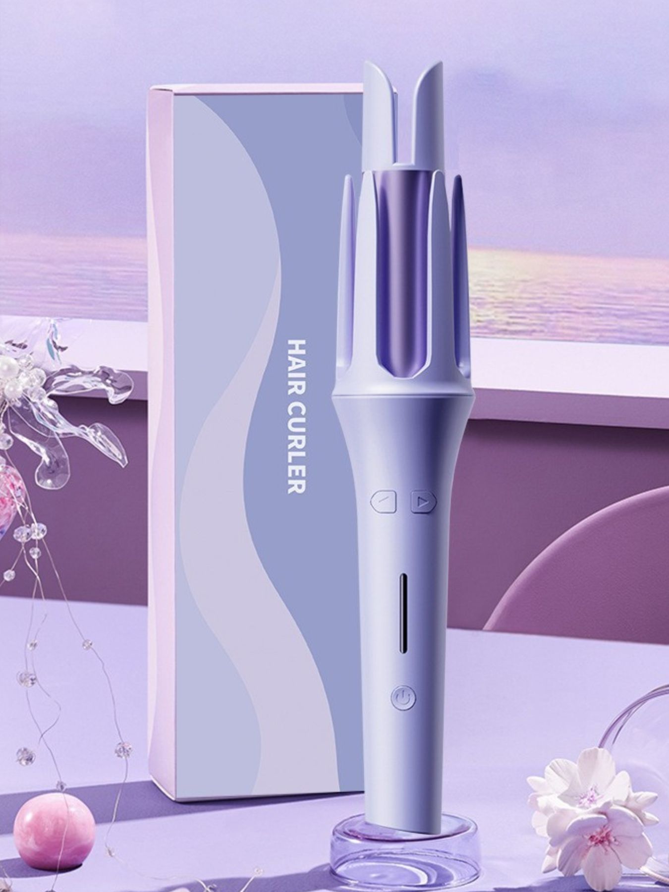 Lavender automatic hair curling iron by Trendsi with European plug, showcasing its sleek design and curling barrel.