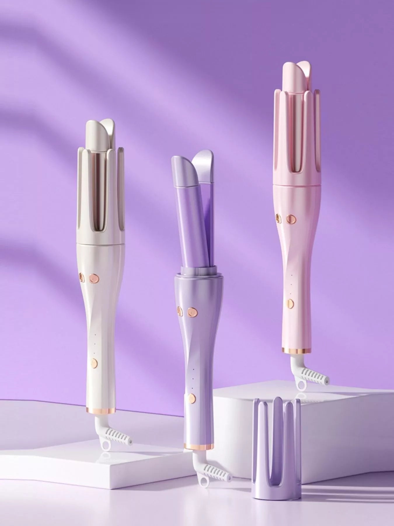 Lavender Trendsi automatic rotating ceramic curling iron with European plug, showcasing its sleek design and rotating barrel.