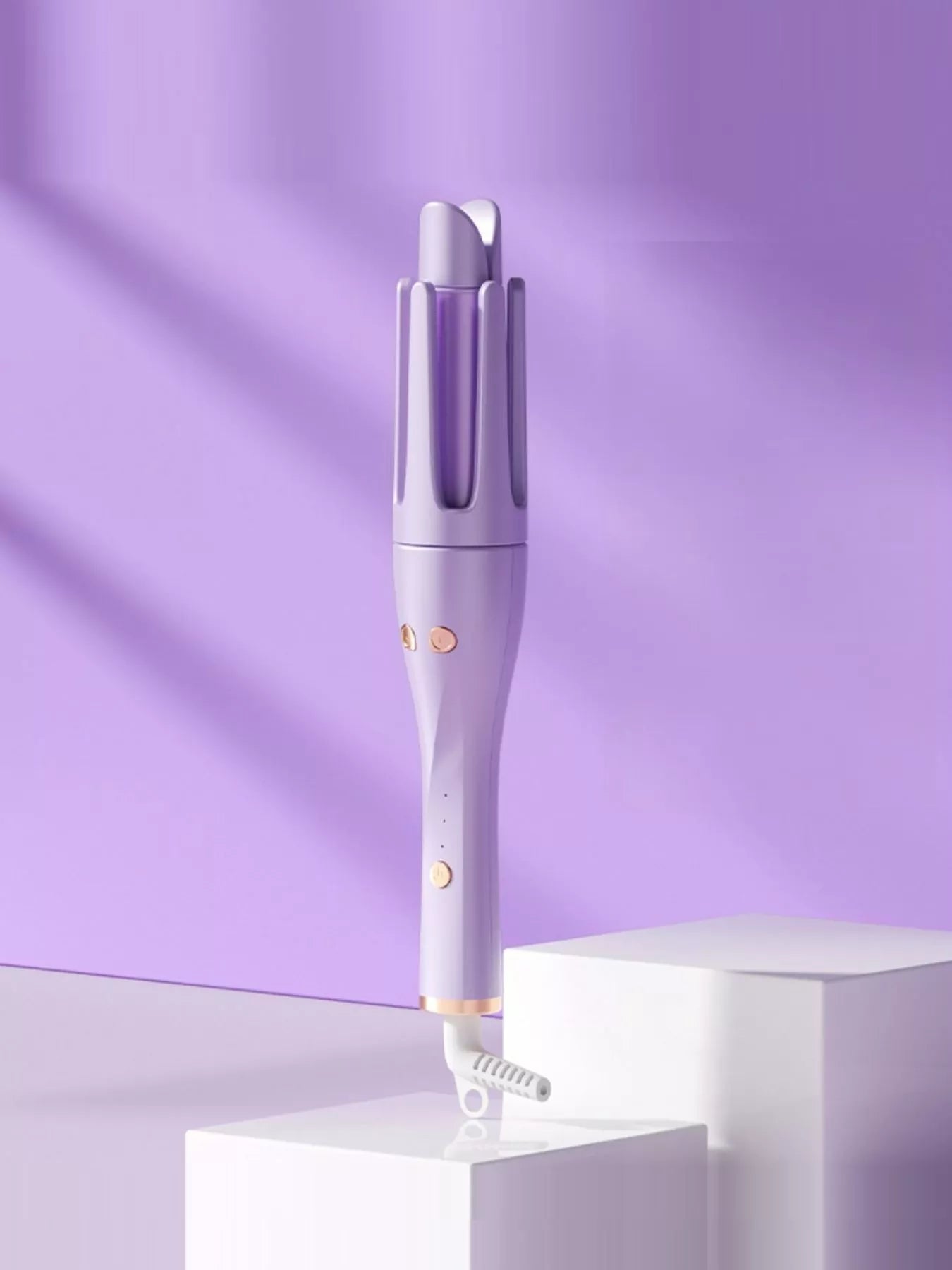 Lavender automatic rotating ceramic curling iron by Trendsi with European plug for effortless hairstyling.