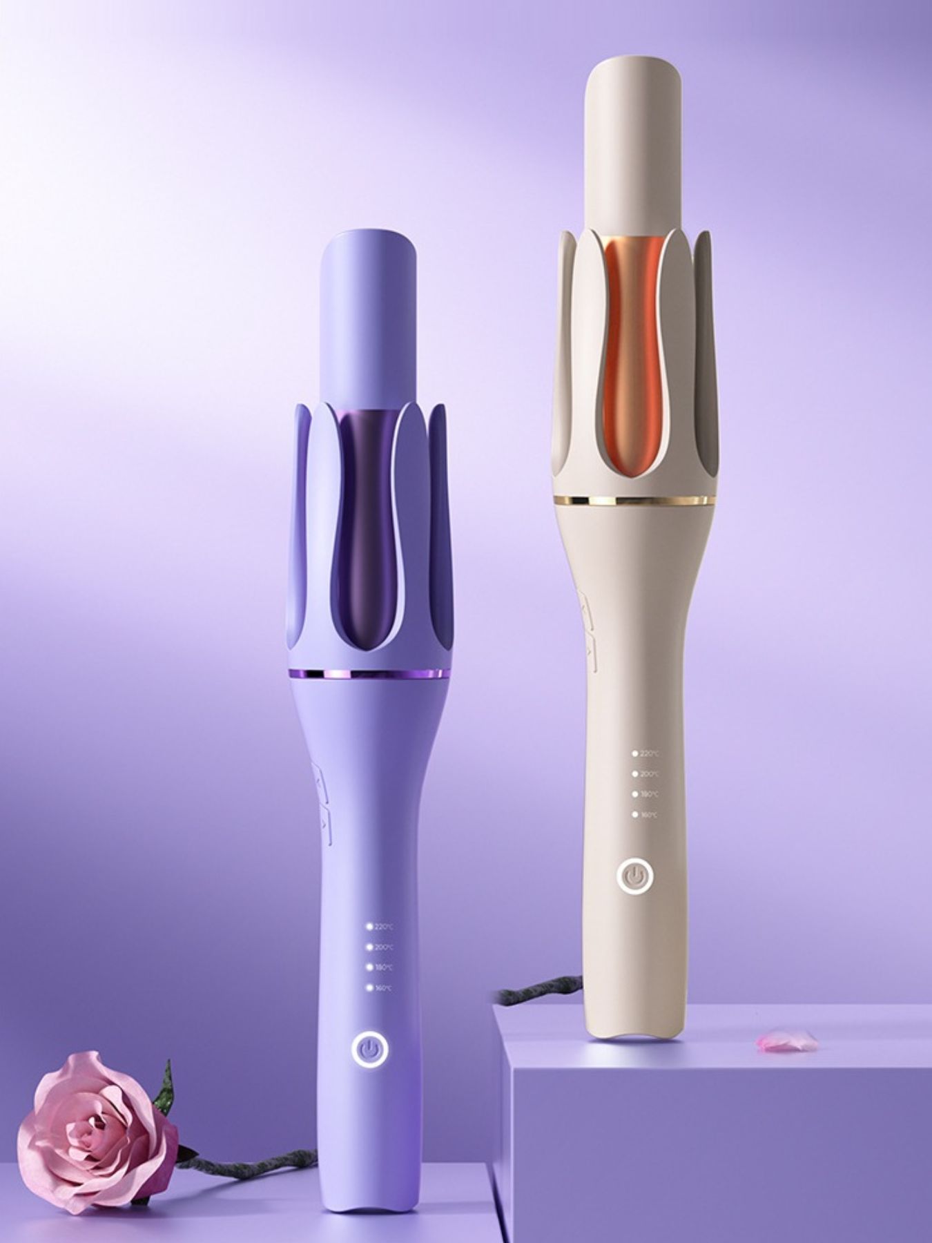 Lavender automatic rotating ceramic hair curling iron by Trendsi with European plug for creating smooth, bouncy curls.