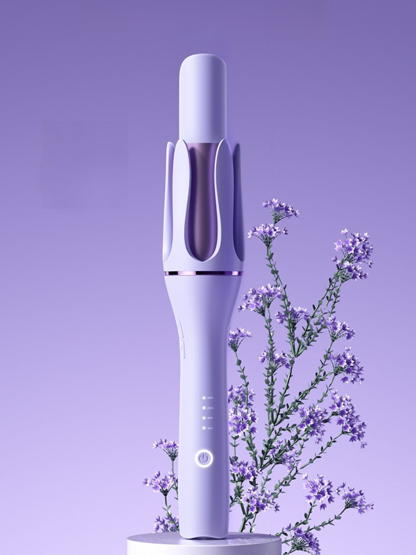 Lavender automatic rotating ceramic hair curling iron by Trendsi with European plug for effortless curls and smooth styling.