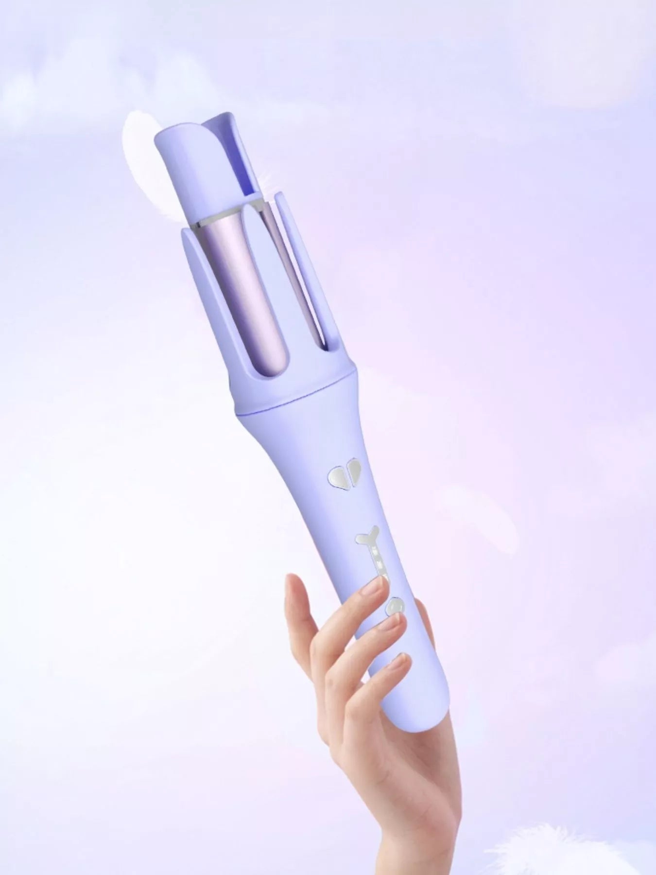 Lavender automatic rotating hair curling iron by Trendsi with European plug, featuring a sleek design and rotating barrel for easy curling.