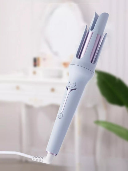 Lavender Trendsi automatic rotating hair curling iron with European plug, showcasing its sleek design and curling barrel.