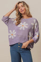Lavender and ivory floral pattern slit sweater from Trendsi, featuring a cozy knit design with a stylish slit detail.