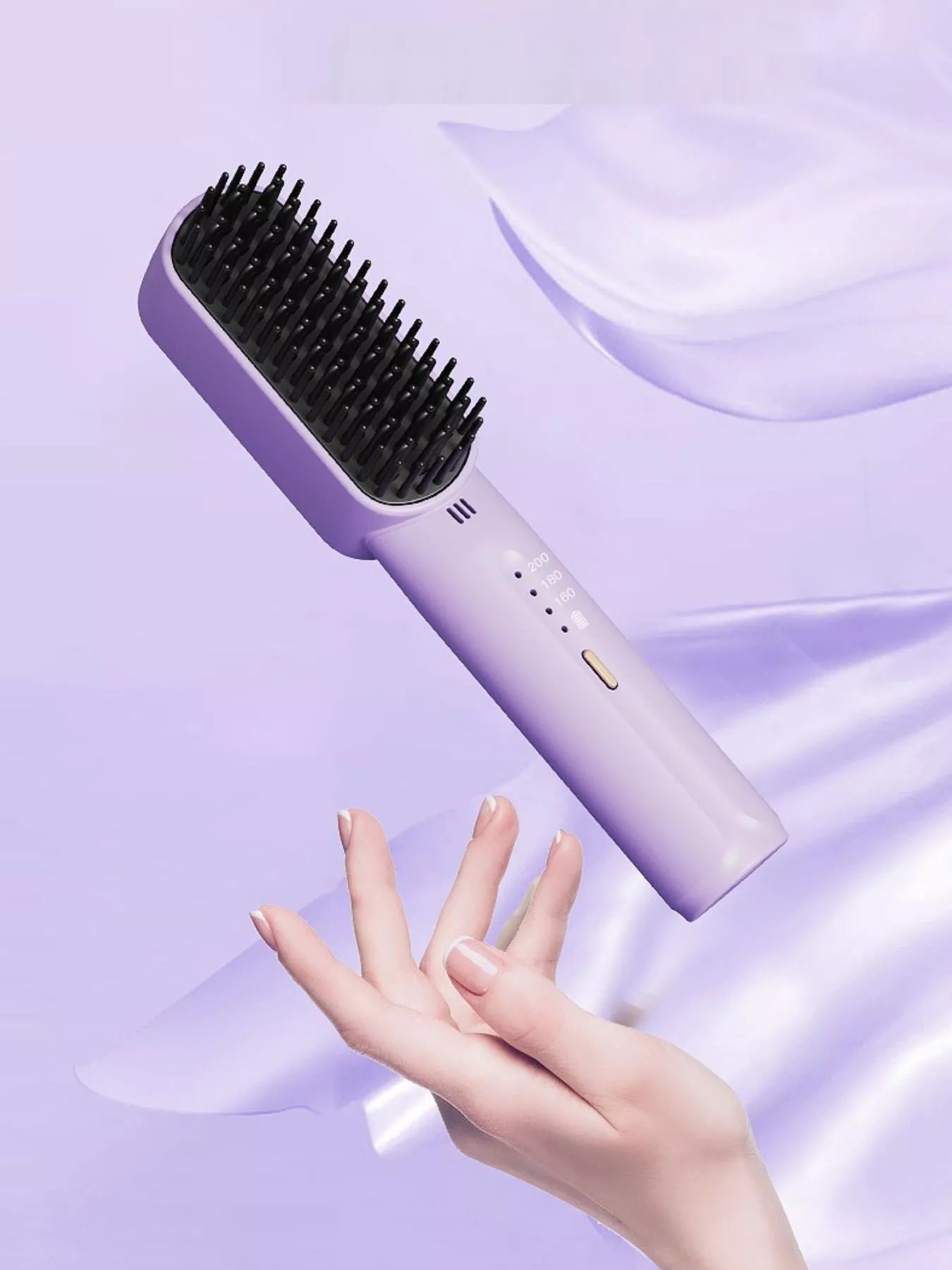 Lavender cordless heated straightening comb by Trendsi, featuring sleek design and adjustable heat for easy hair styling.