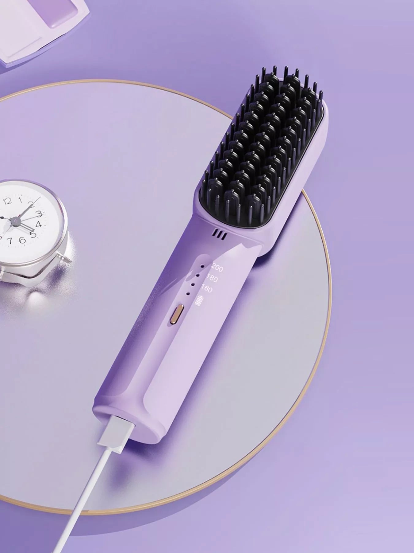 Lavender cordless heated straightening comb by Trendsi, with ceramic plates for smooth, sleek hair styling.