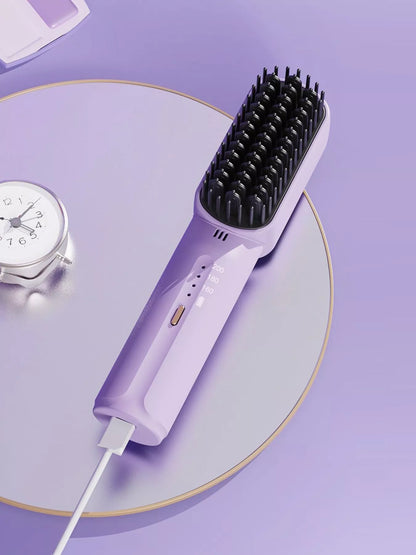 Lavender cordless heated straightening comb by Trendsi, with ceramic plates for smooth, sleek hair styling.