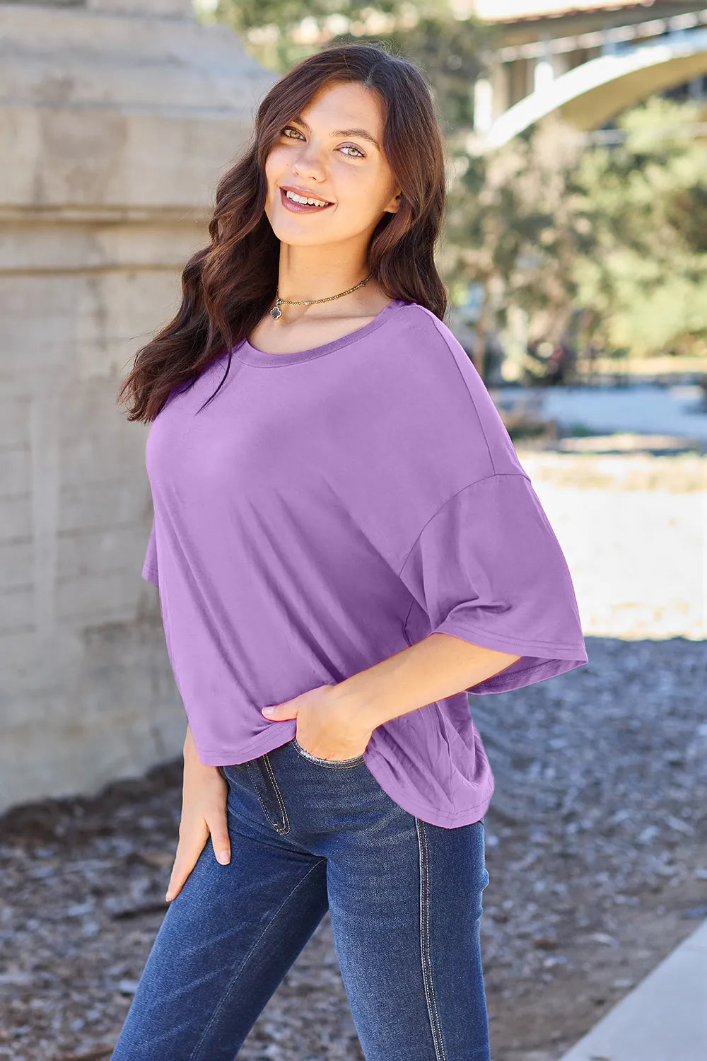Lavender bamboo T-shirt by Trendsi, full size, round neck, drop shoulder, casual fit, soft and comfortable fabric.