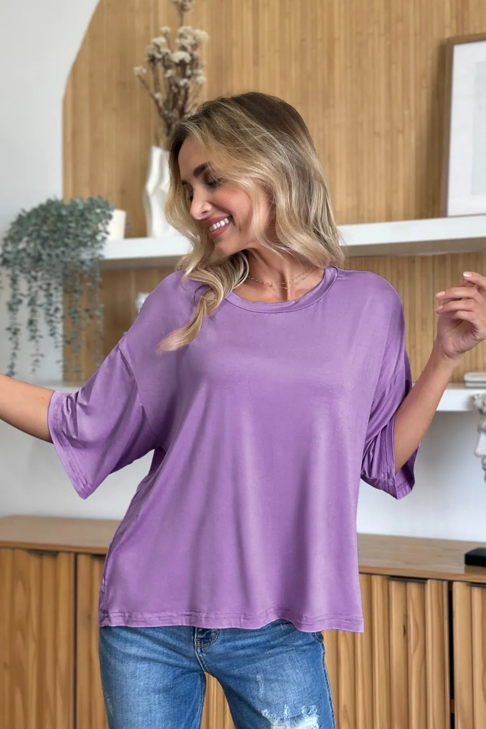 Lavender Basic Bae bamboo full-size round neck drop shoulder T-shirt by Trendsi, soft and comfortable casual wear.