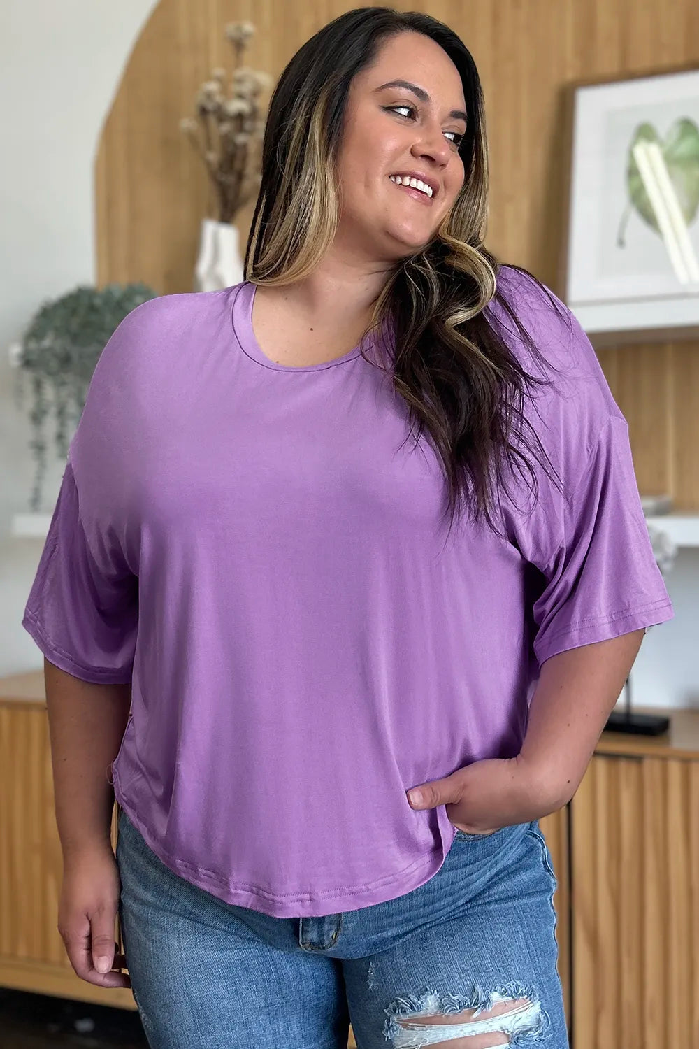 Lavender Basic Bae bamboo full-size round neck drop shoulder T-shirt by Trendsi, casual and comfortable women's top.