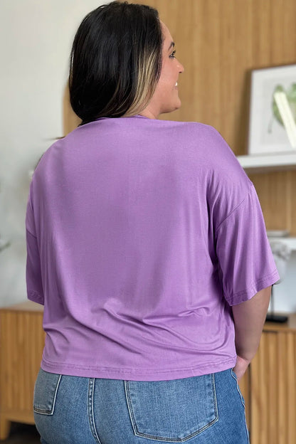 Lavender bamboo T-shirt by Trendsi with a round neckline and drop shoulder design, casual full-size fit.