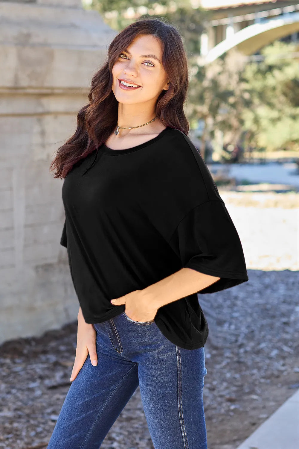 Lavender bamboo T-shirt by Trendsi featuring a full-size round neck and drop shoulder design, casual and comfortable fit.