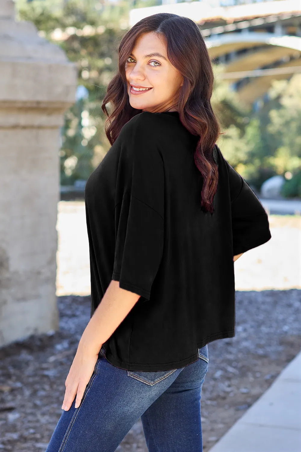 Lavender Basic Bae bamboo full-size round neck drop shoulder T-shirt by Trendsi, soft and comfortable casual top for women.