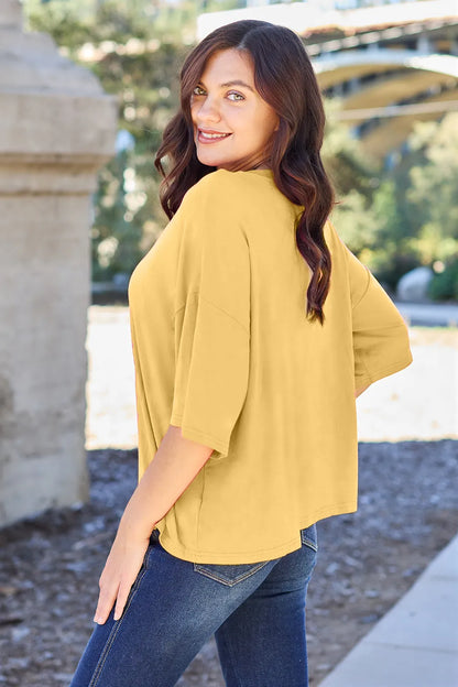 Lavender Basic Bae Bamboo T-shirt by Trendsi, full-size round neck, drop shoulder, comfortable casual wear.