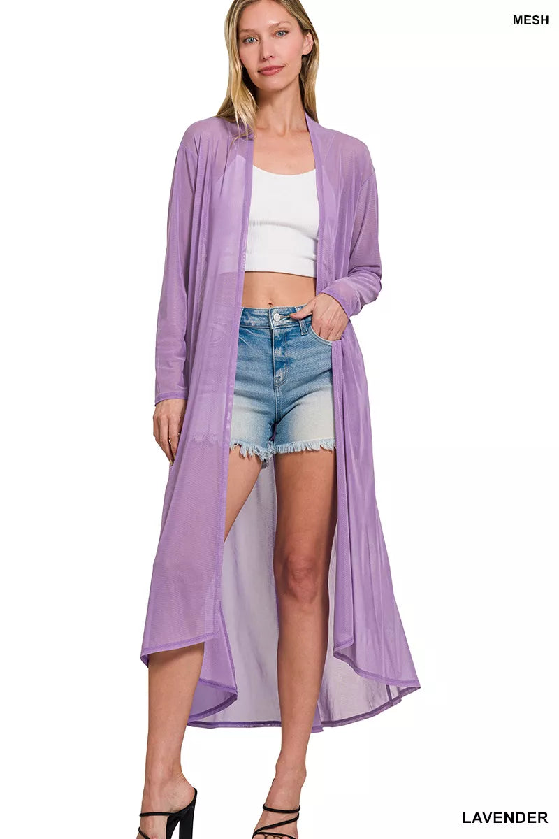 Lavender Zenana Mesh Open Front Cardigan by Trendsi, lightweight knit with a relaxed fit and open front design.