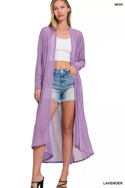 Lavender Zenana Mesh Open Front Cardigan by Trendsi, lightweight knit with a relaxed fit and open front design.