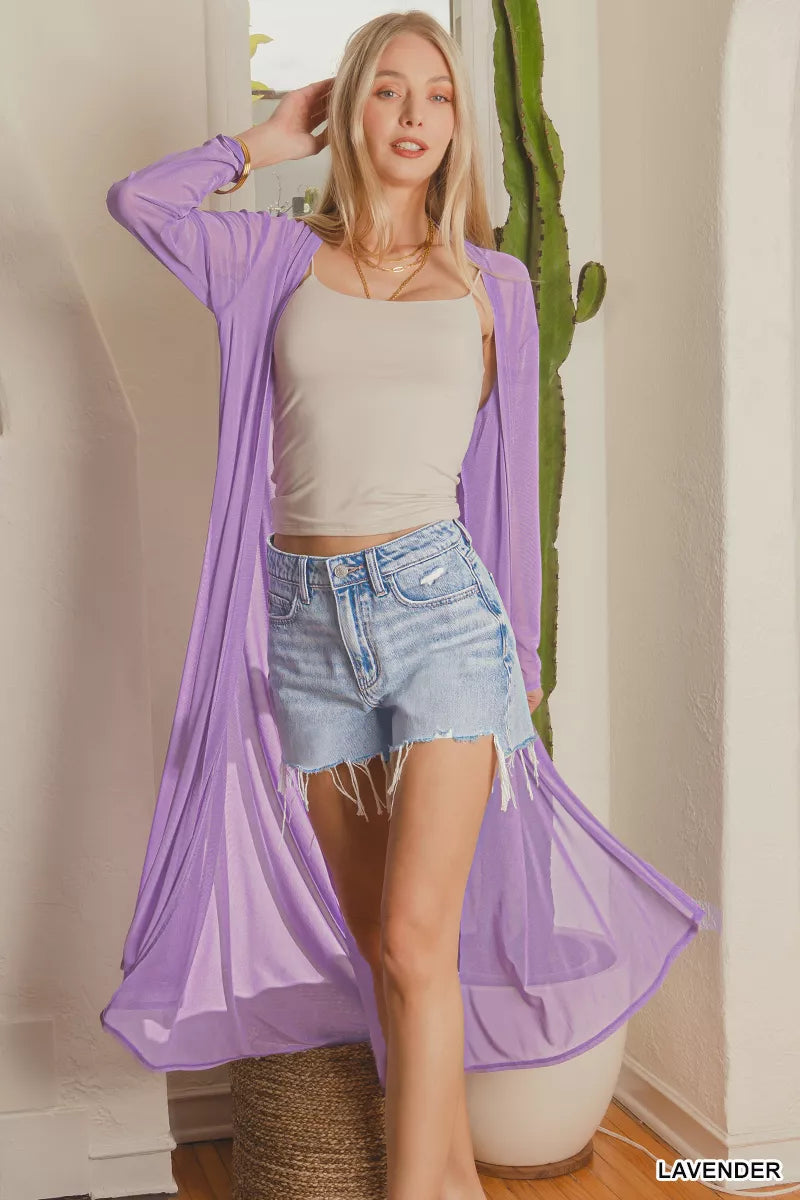 Lavender Zenana mesh open front cardigan with long sleeves and a relaxed fit, styled on a model.