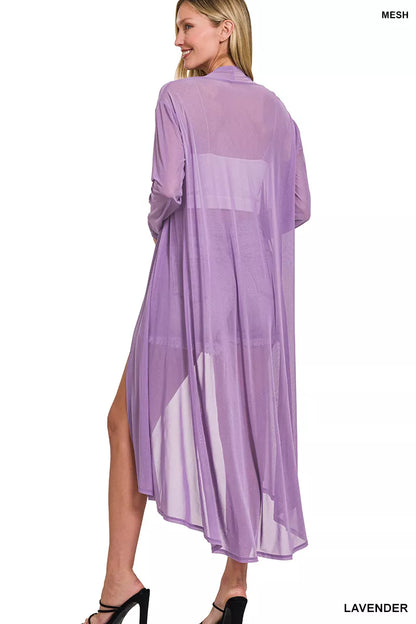 Lavender Zenana Mesh Open Front Cardigan by Trendsi, lightweight knit with open front design, perfect for layering.