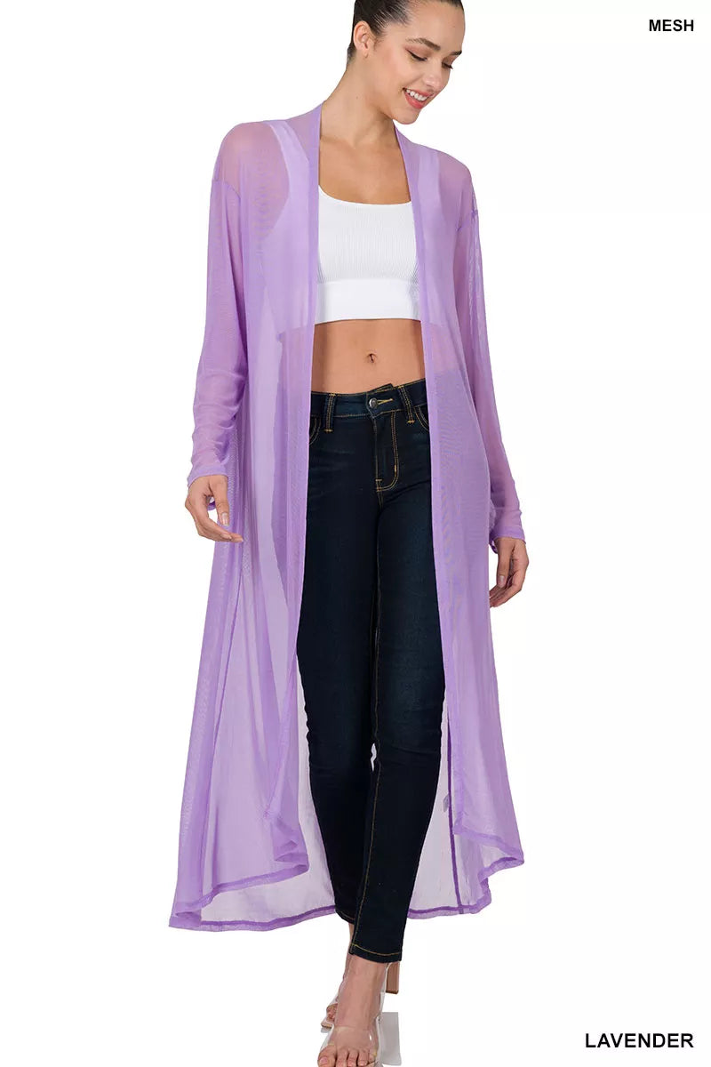 Lavender Zenana Mesh Open Front Cardigan with long sleeves and a lightweight, breathable design.