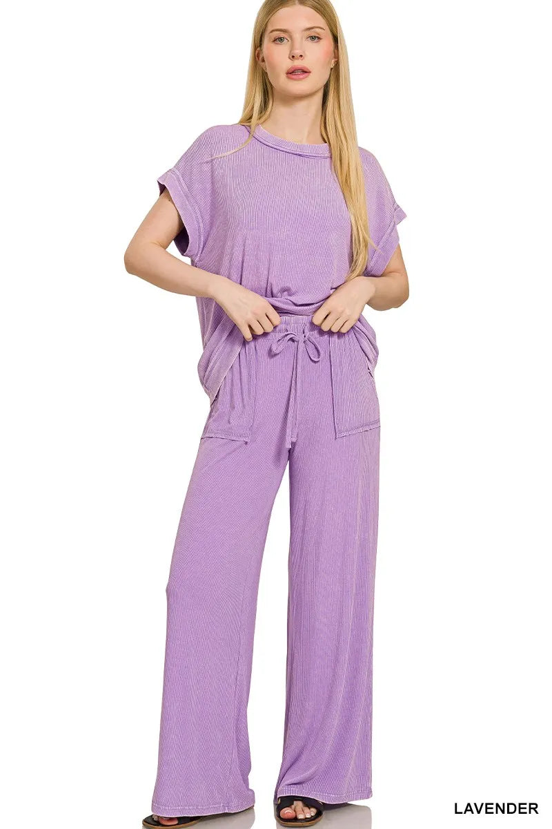 Lavender Zenana ribbed acid wash rayon top and pants set by Trendsi, featuring a casual, comfortable matching outfit.