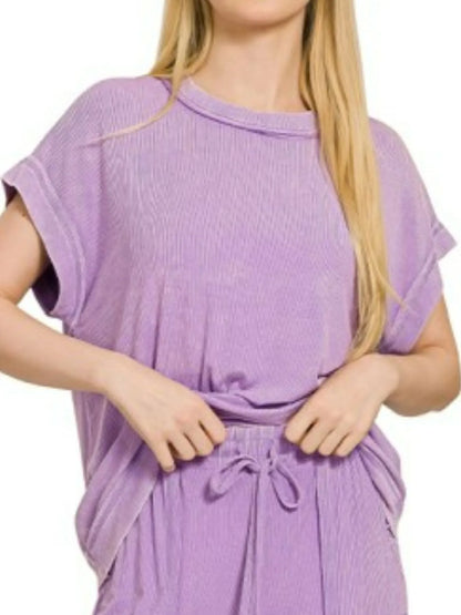 Lavender Zenana ribbed acid wash rayon top and pants set, casual loungewear with a relaxed fit and soft fabric.