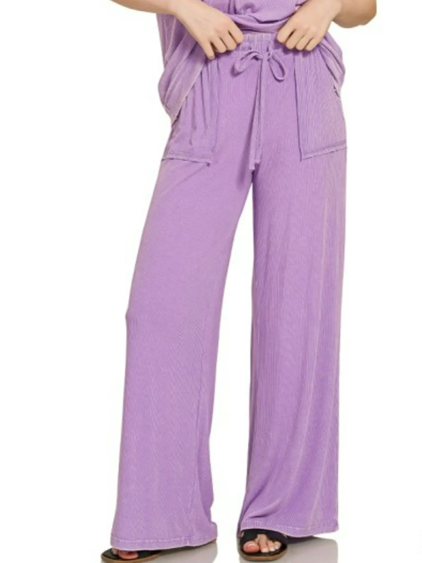 Lavender Zenana ribbed acid wash rayon top and pants set with relaxed fit, casual style, and soft textured fabric.