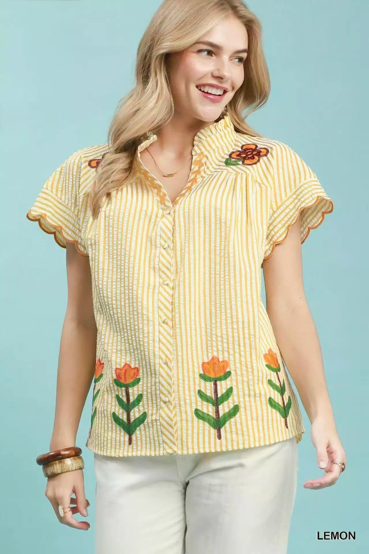 Umgee embroidered stripe button-front top with floral embroidery, casual style, featuring a relaxed fit and lightweight fabric.