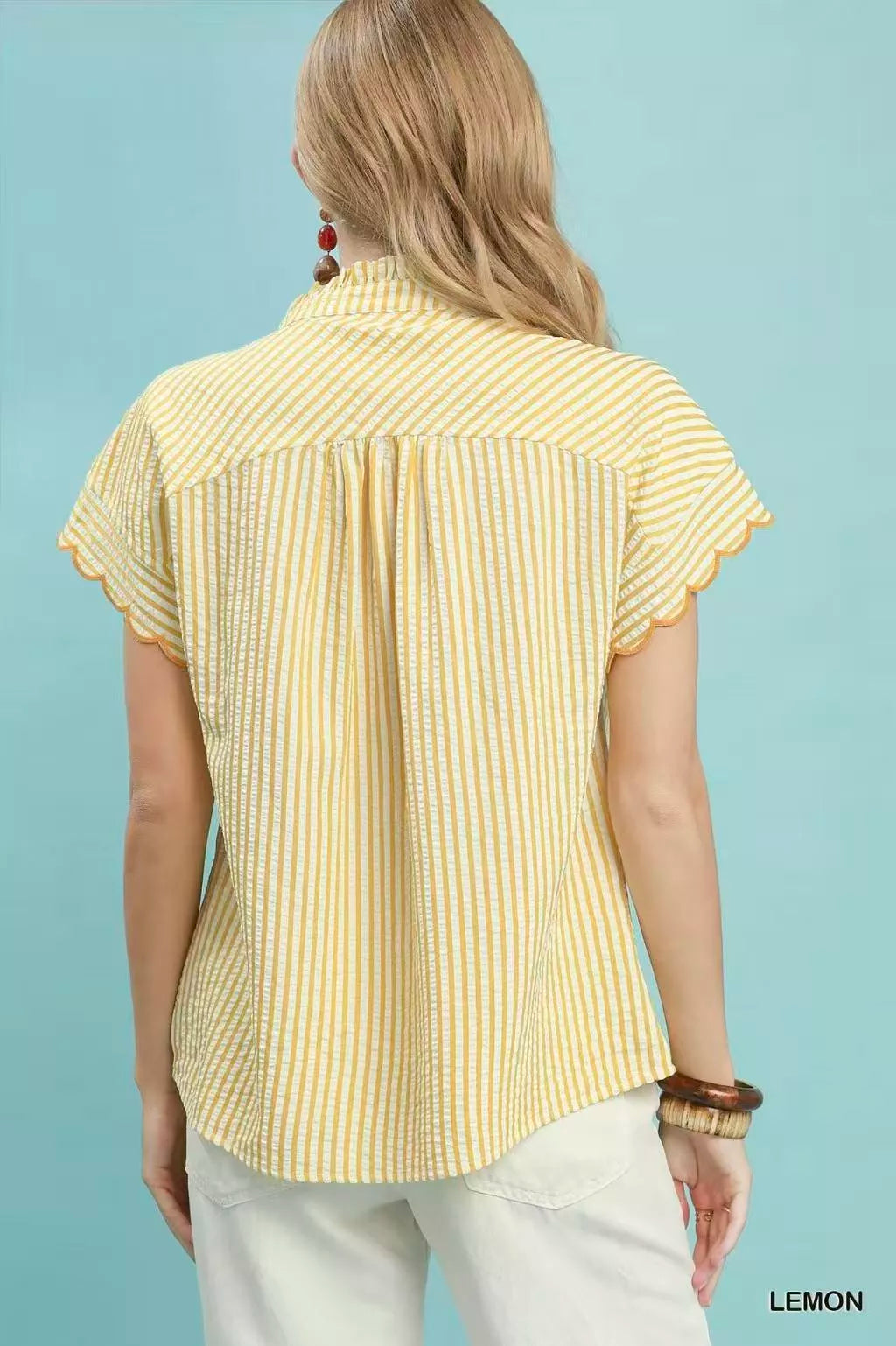 Umgee embroidered stripe button-front top featuring colorful embroidery, lightweight fabric, and a casual, stylish design.
