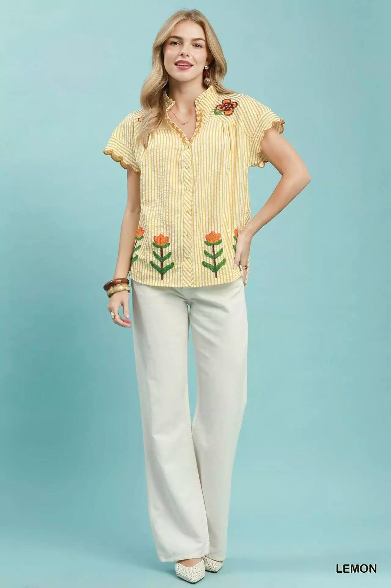 Umgee embroidered stripe button-front top featuring colorful embroidery and a relaxed fit, perfect for casual stylish wear.