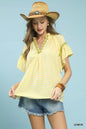 Lemon yellow Umgee Gingham Lace Trim Top by Trendsi, featuring a classic gingham pattern and delicate lace accents.