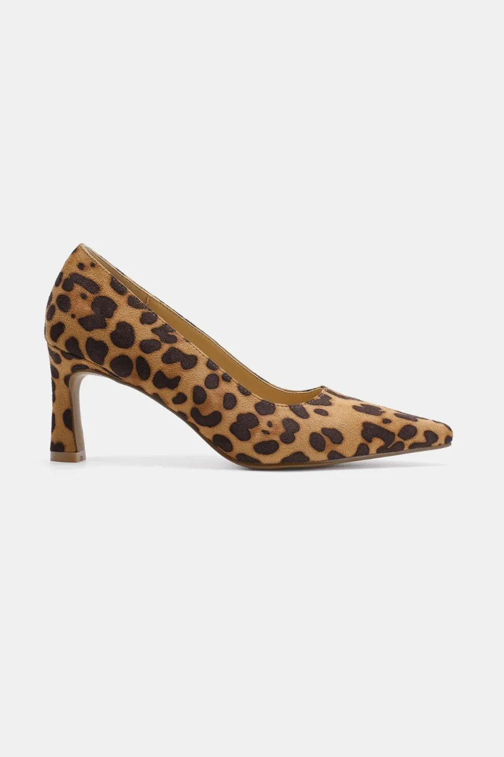 Beast Fashion faux suede leopard print point toe pumps with stiletto heels, trendy women's footwear by Trendsi.