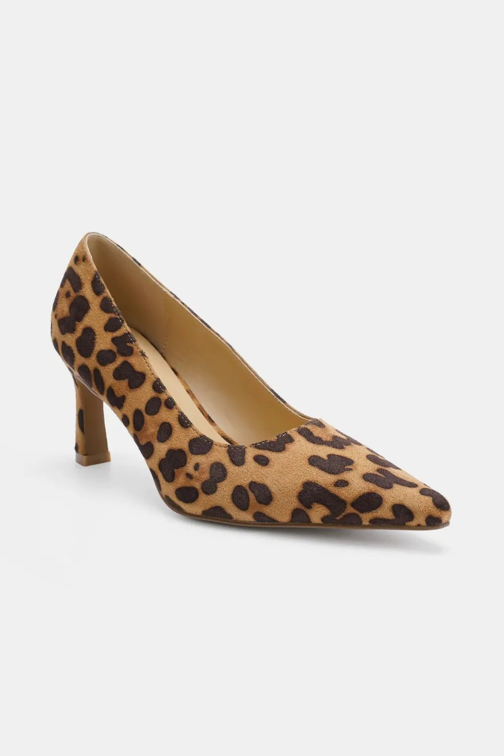 Beast Fashion leopard faux suede point toe pumps featuring a stylish animal print and sleek design.
