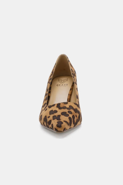 Beast Fashion faux suede leopard print point toe pumps featuring a sleek design and classic silhouette, perfect for stylish outfits.
