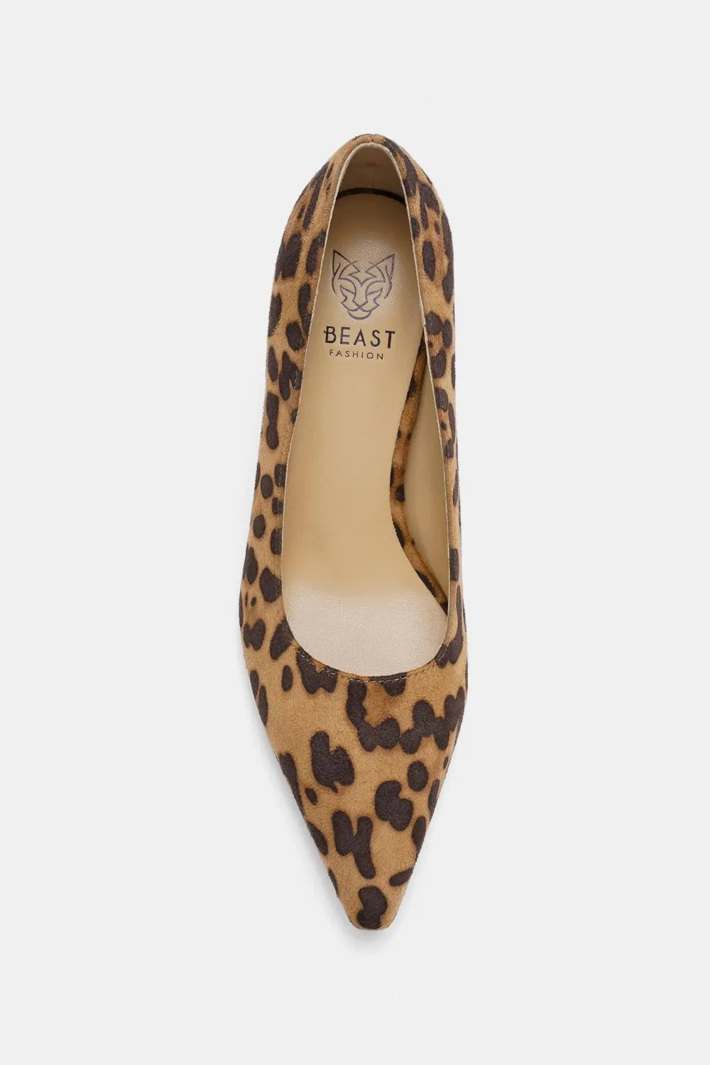 Beast Fashion faux suede leopard print point toe pumps with stiletto heel, stylish women's footwear from Trendsi.