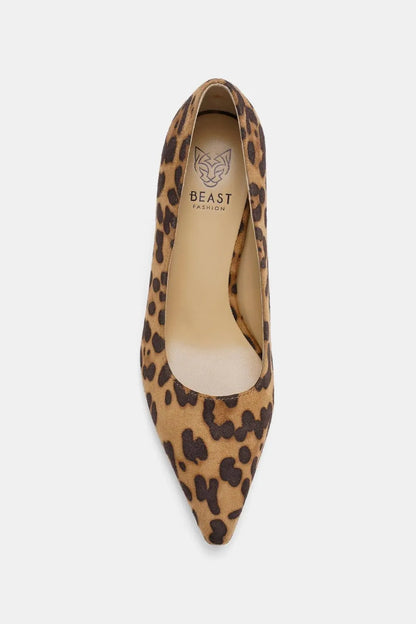 Beast Fashion faux suede leopard print point toe pumps with stiletto heel, stylish women's footwear from Trendsi.