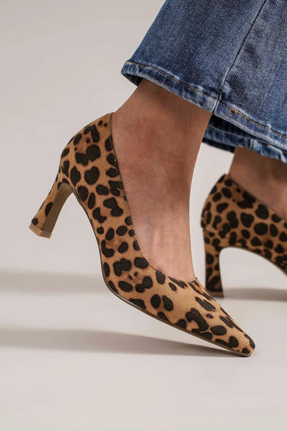 Beast Fashion faux suede leopard print point toe pumps with stiletto heel, stylish women's footwear from Trendsi.