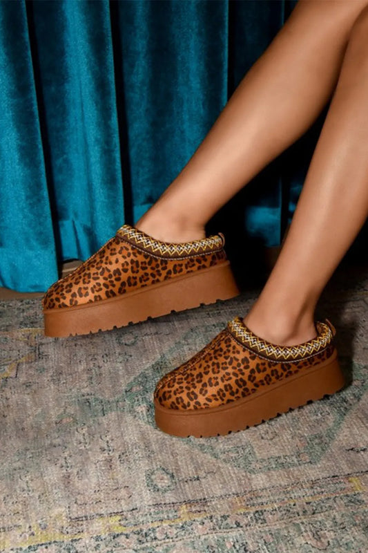 Wild Diva embroidered trim round toe platform boots with leopard design, featuring trendy footwear from Trendsi.