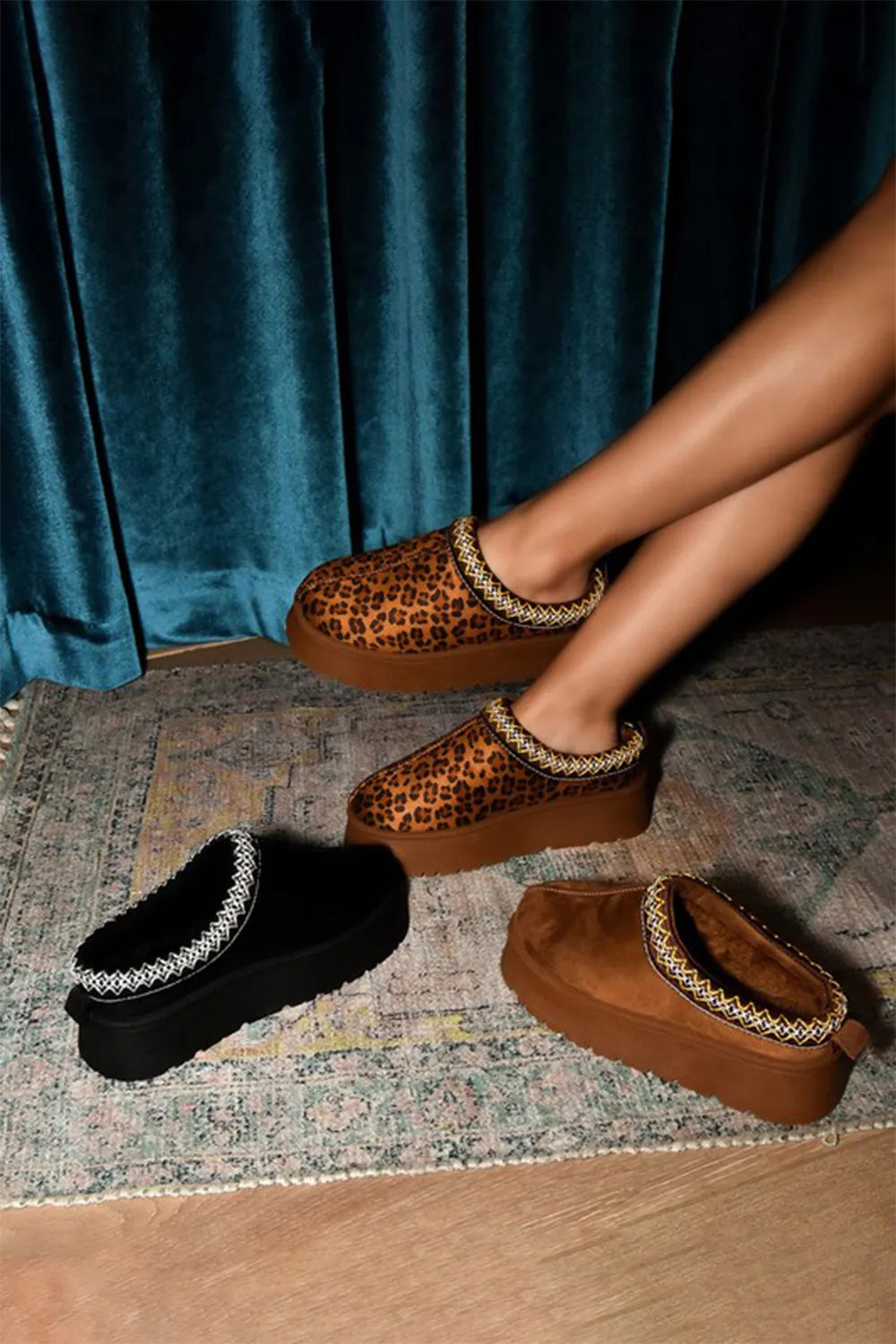 Wild Diva embroidered trim round toe platform boots with leopard print and stylish details, perfect for trendy footwear.