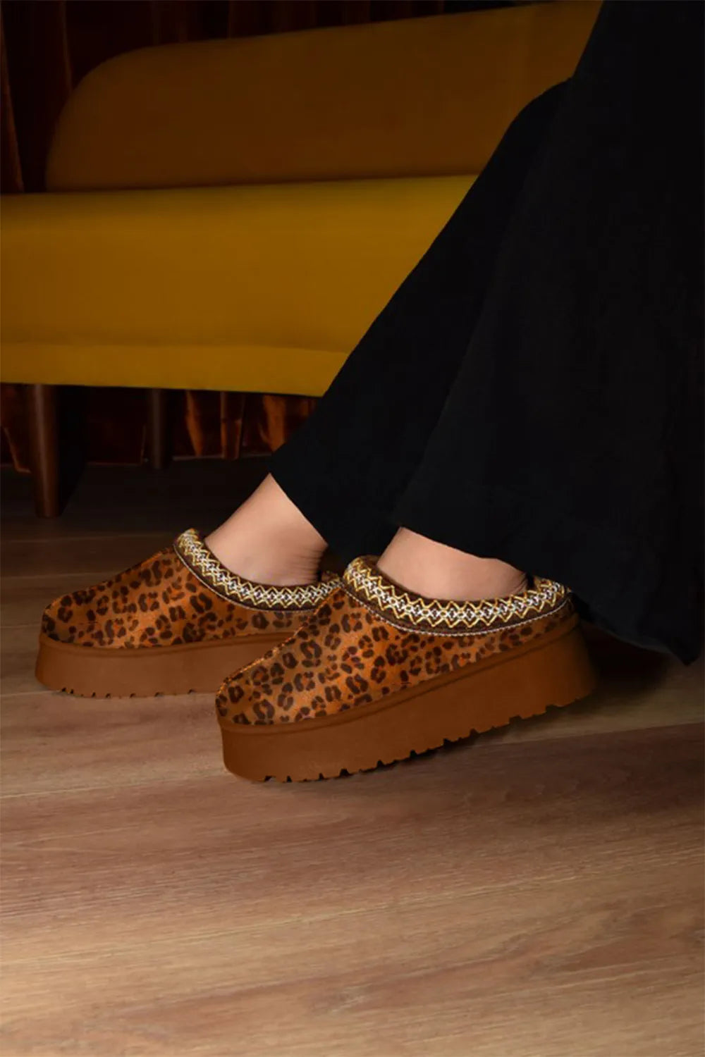 Leopard print WILD DIVA embroidered trim round toe platform boots with chunky heel and decorative embroidery, stylish and bold footwear.