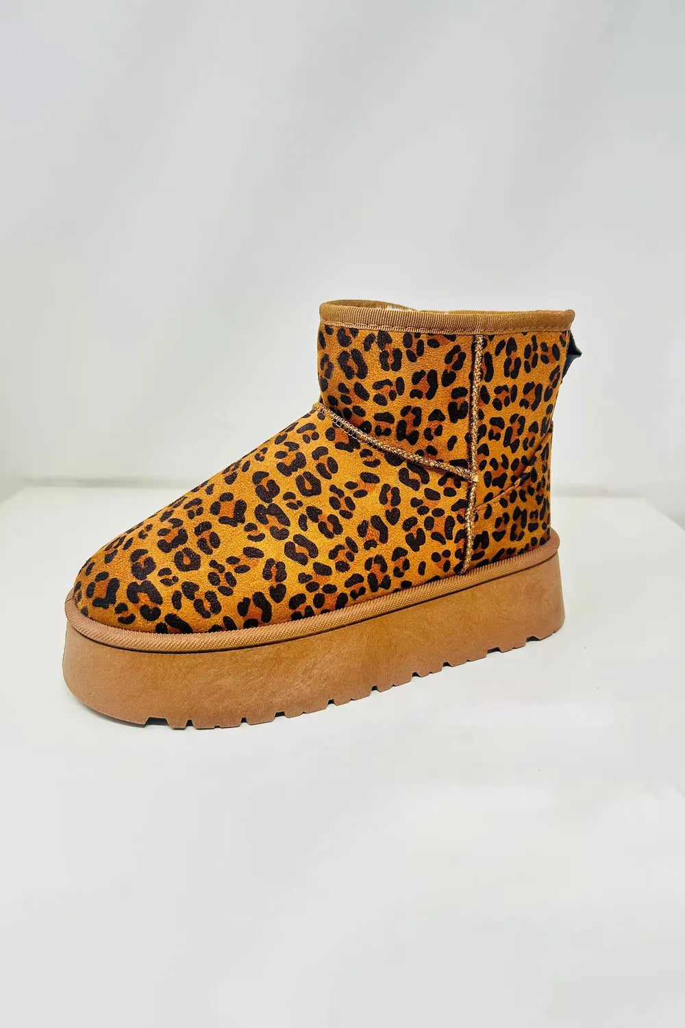 Wild Diva Thermal Furry Leopard Platform Booties featuring leopard print, cozy fur lining, and chunky platform soles.