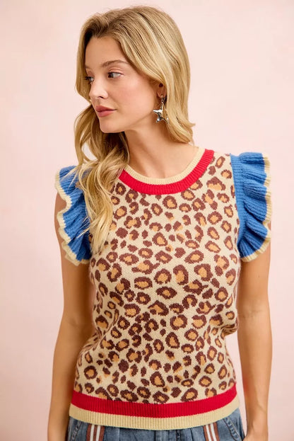 Red and blue leopard print knit top with ruffled details from BiBi for 4th of July, featuring trendy, festive style.